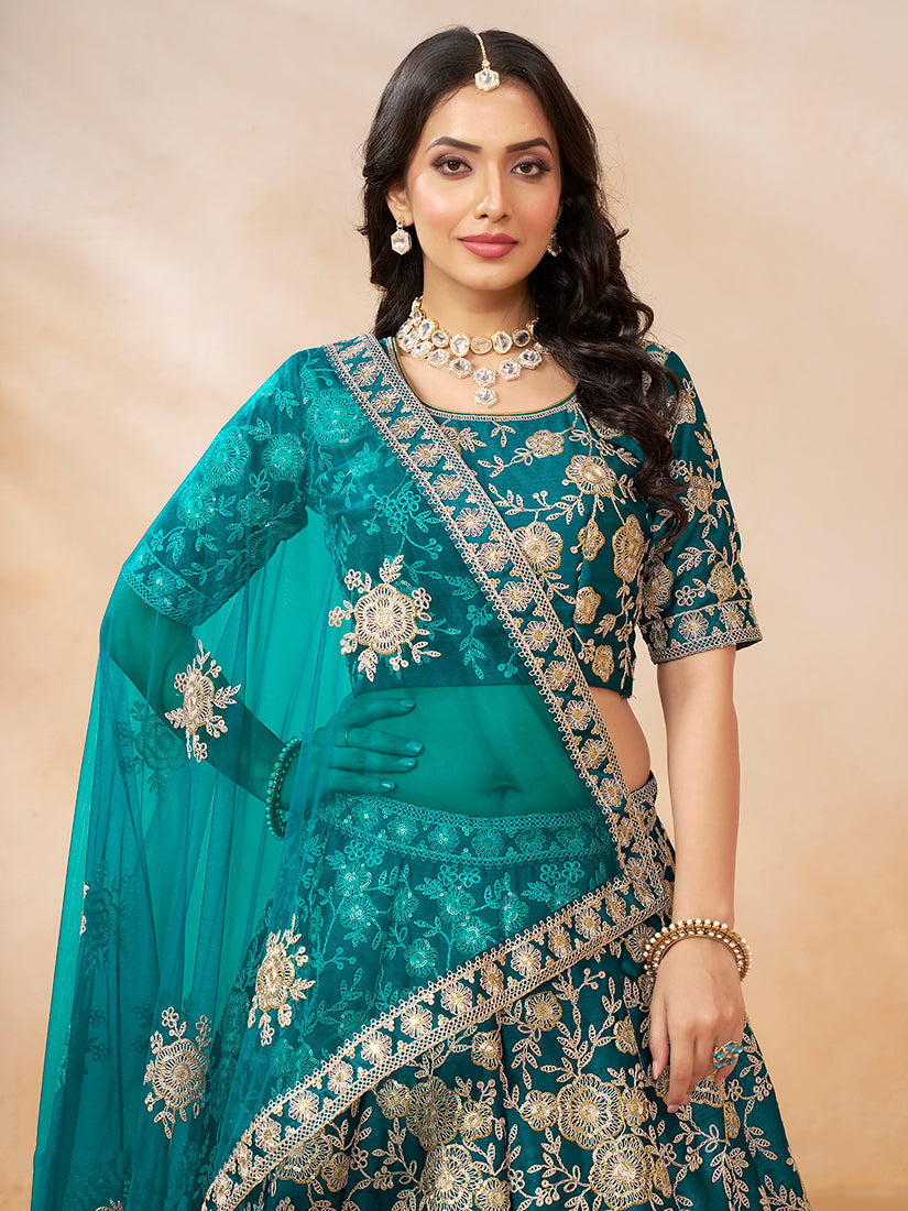Turquoise Art Silk Embroidered Trendy Lehenga Choli