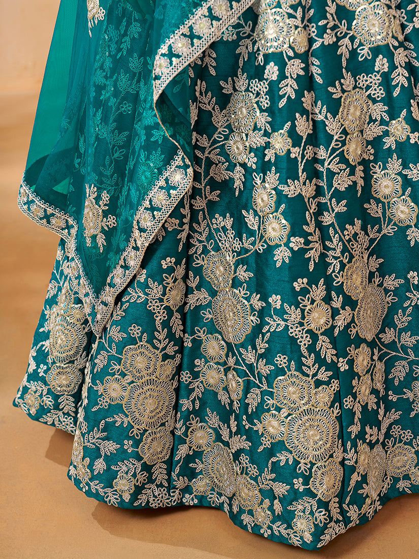 Turquoise Art Silk Embroidered Trendy Lehenga Choli