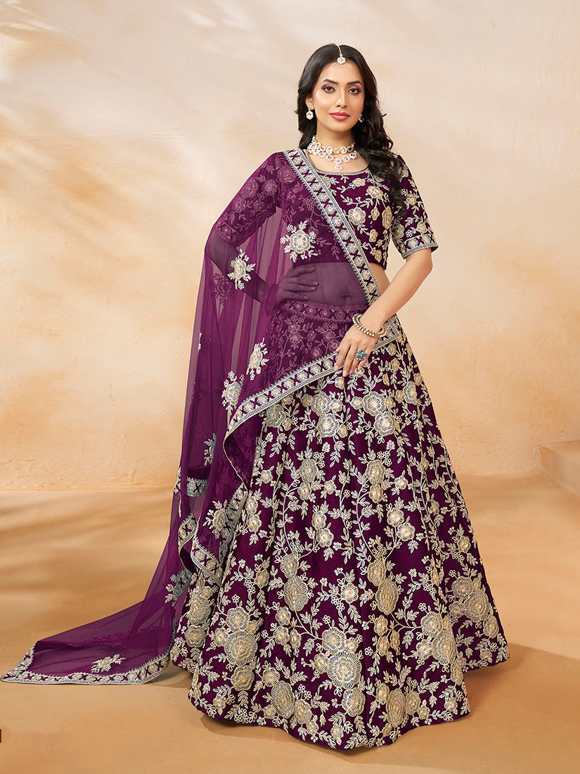 Purple Embroidered Art Silk Lehenga Choli for Wedding Parties