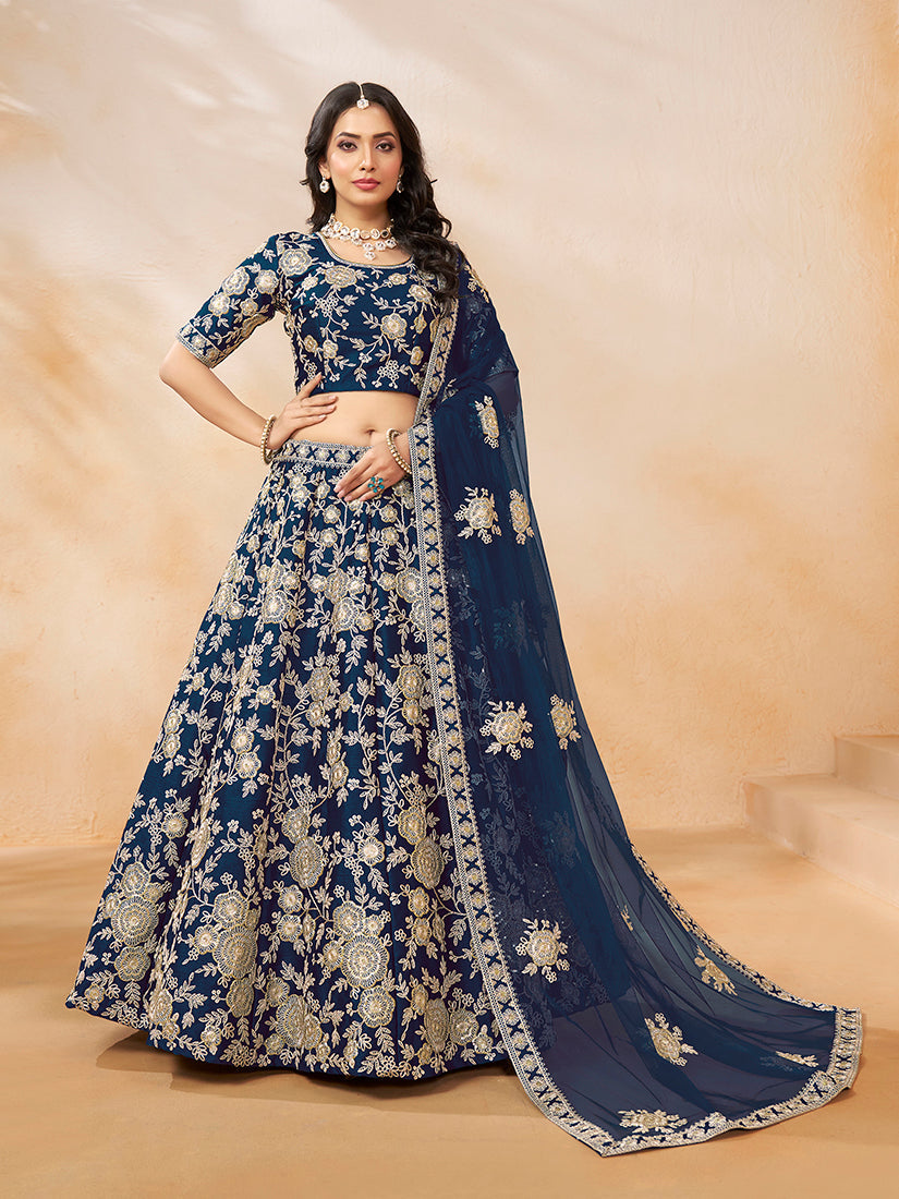 Navy blue art silk lehenga choli with intricate designer embroidery