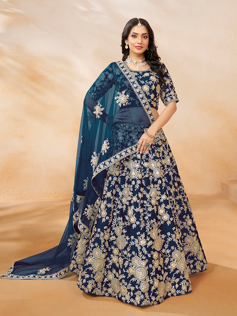 Navy Blue Embroidered Art Silk Designer Lehenga Choli Set