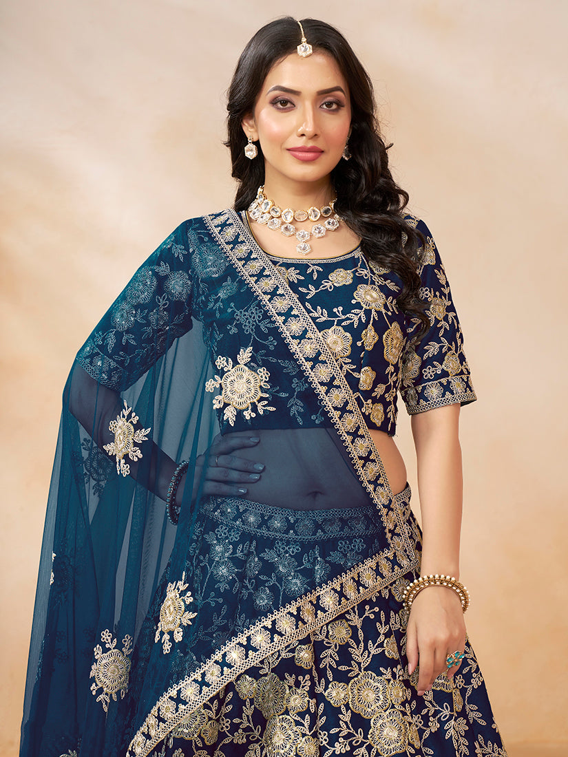 Navy Blue Embroidered Art Silk Designer Lehenga Choli Set