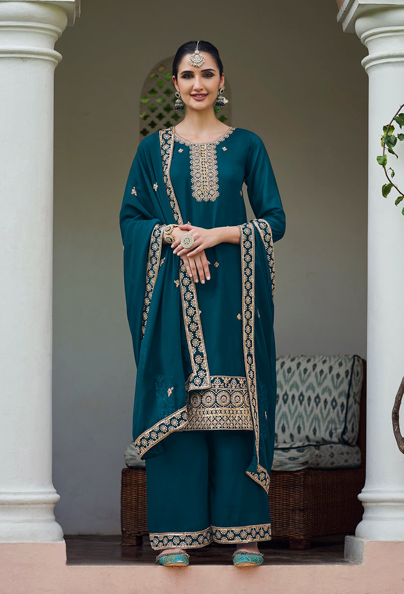 Dark teal georgette embroidered designer salwar kameez