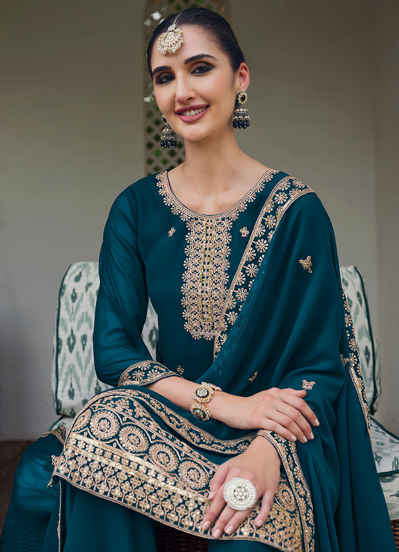 Dark Teal Georgette Embroidered Designer Salwar Kameez