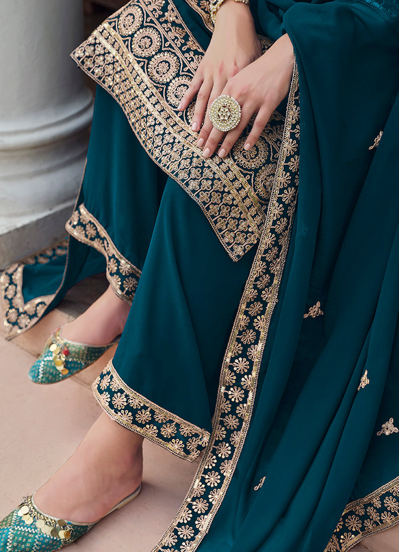 Dark Teal Georgette Embroidered Designer Salwar Kameez