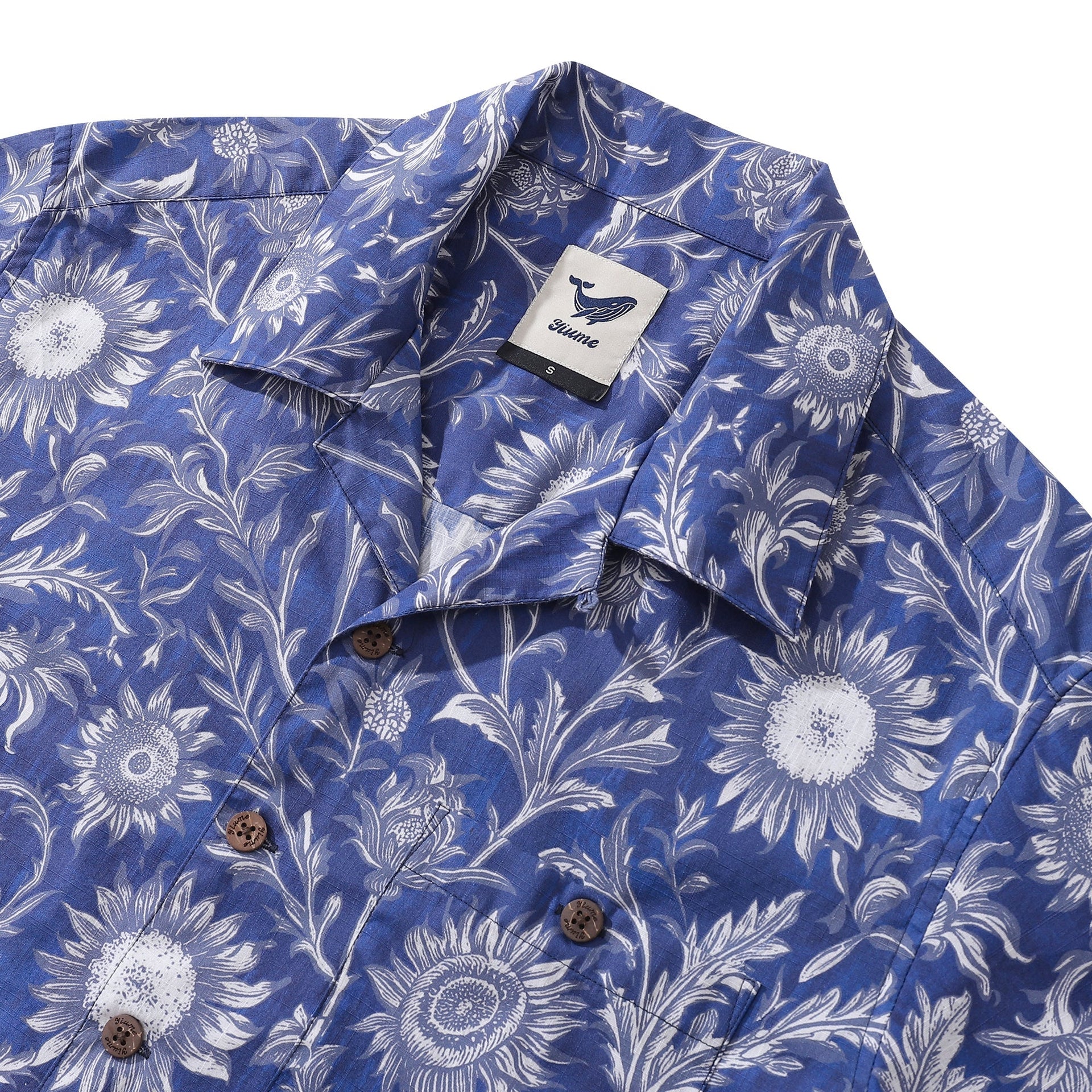 Blue and White Porcelain Sunflower Shirt Short Sleeve Cotton