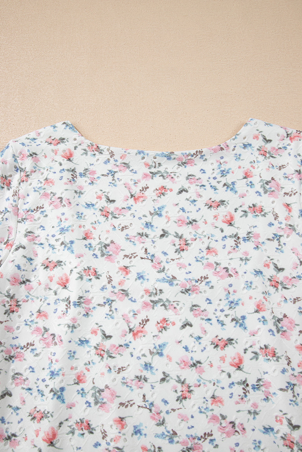 White Floral Print Textured Square Neck Slim Fit Long Sleeve Top