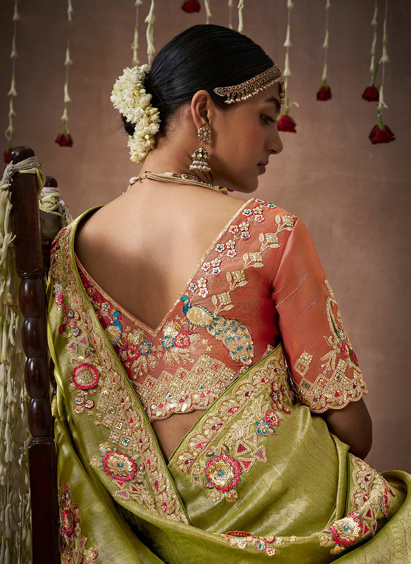 Monjolika Fashion Organza Silk Embroidered Bollywood Saree In Green