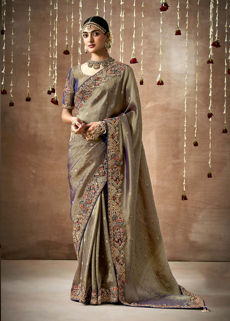 Grey embroidered organza silk classic saree