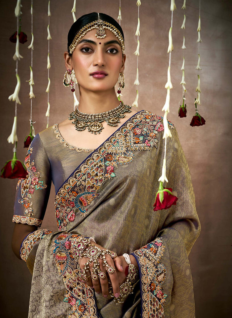 Grey Embroidered Organza Silk Classic Saree