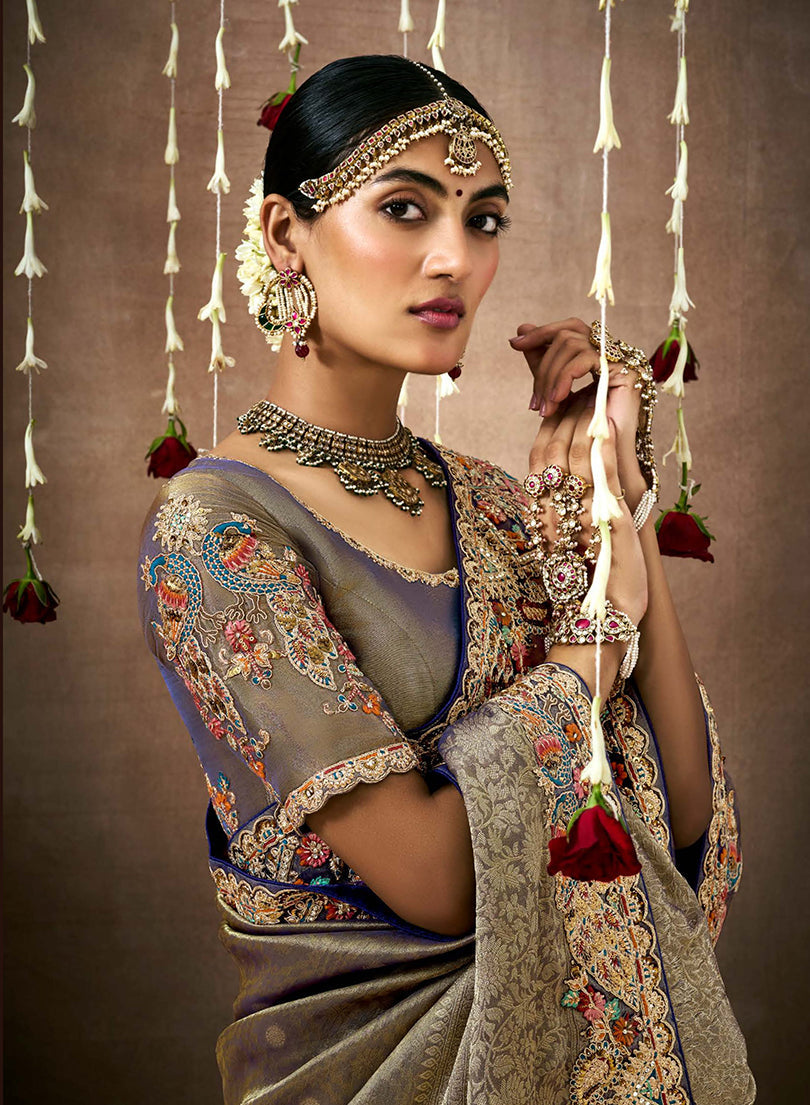 Grey Embroidered Organza Silk Classic Saree