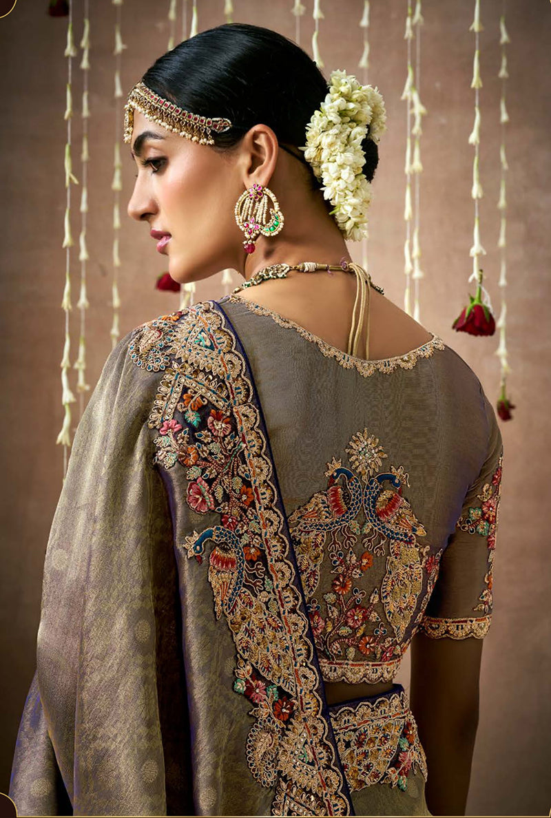 Grey Embroidered Organza Silk Classic Saree