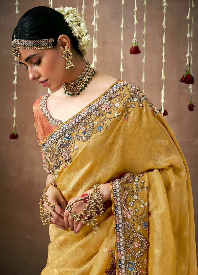 Mustard Organza Embroidered Bollywood Designer Saree