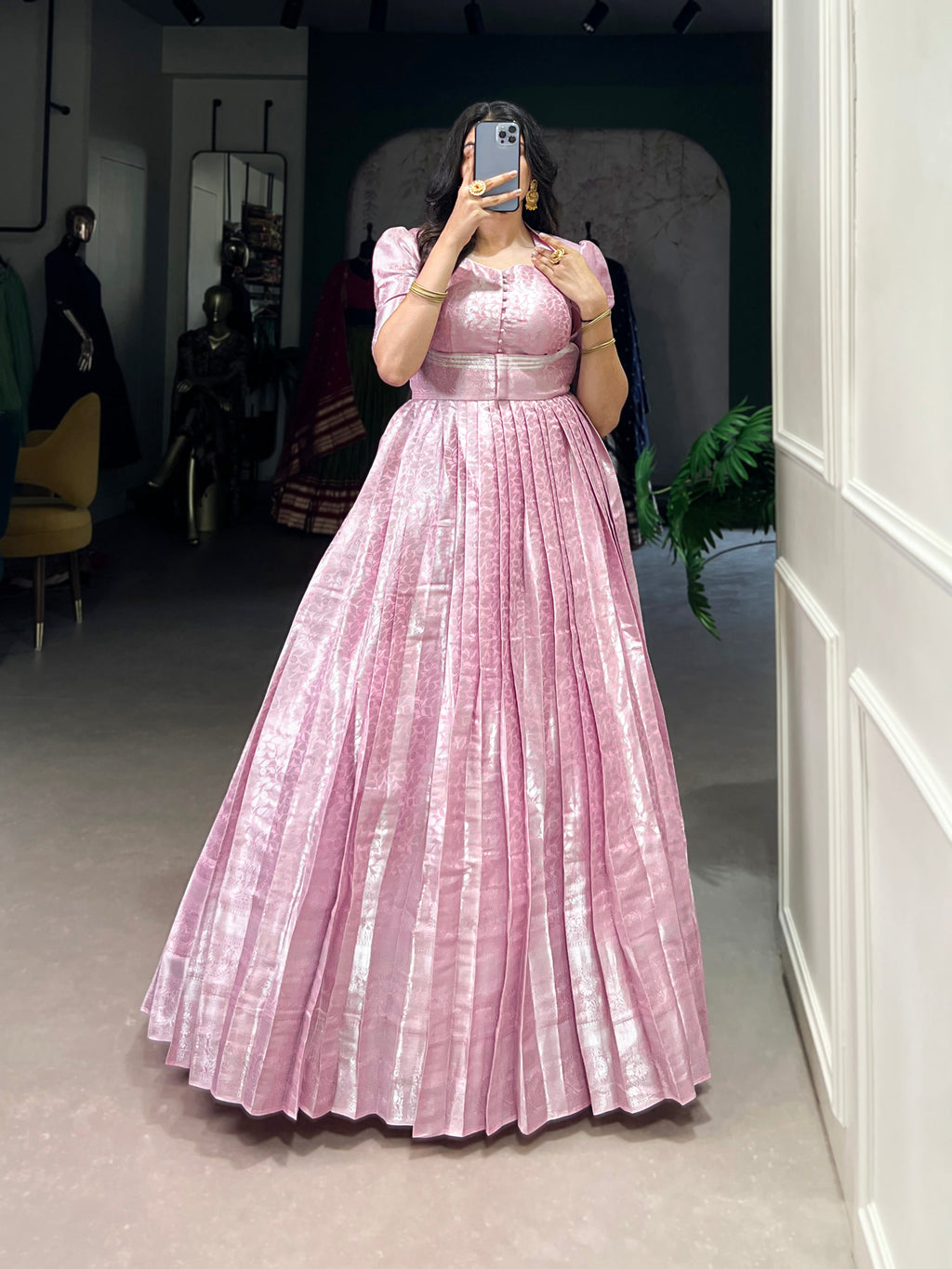 Pink Kanjivaram Gown with Zari Weaving and Lace Touch Up