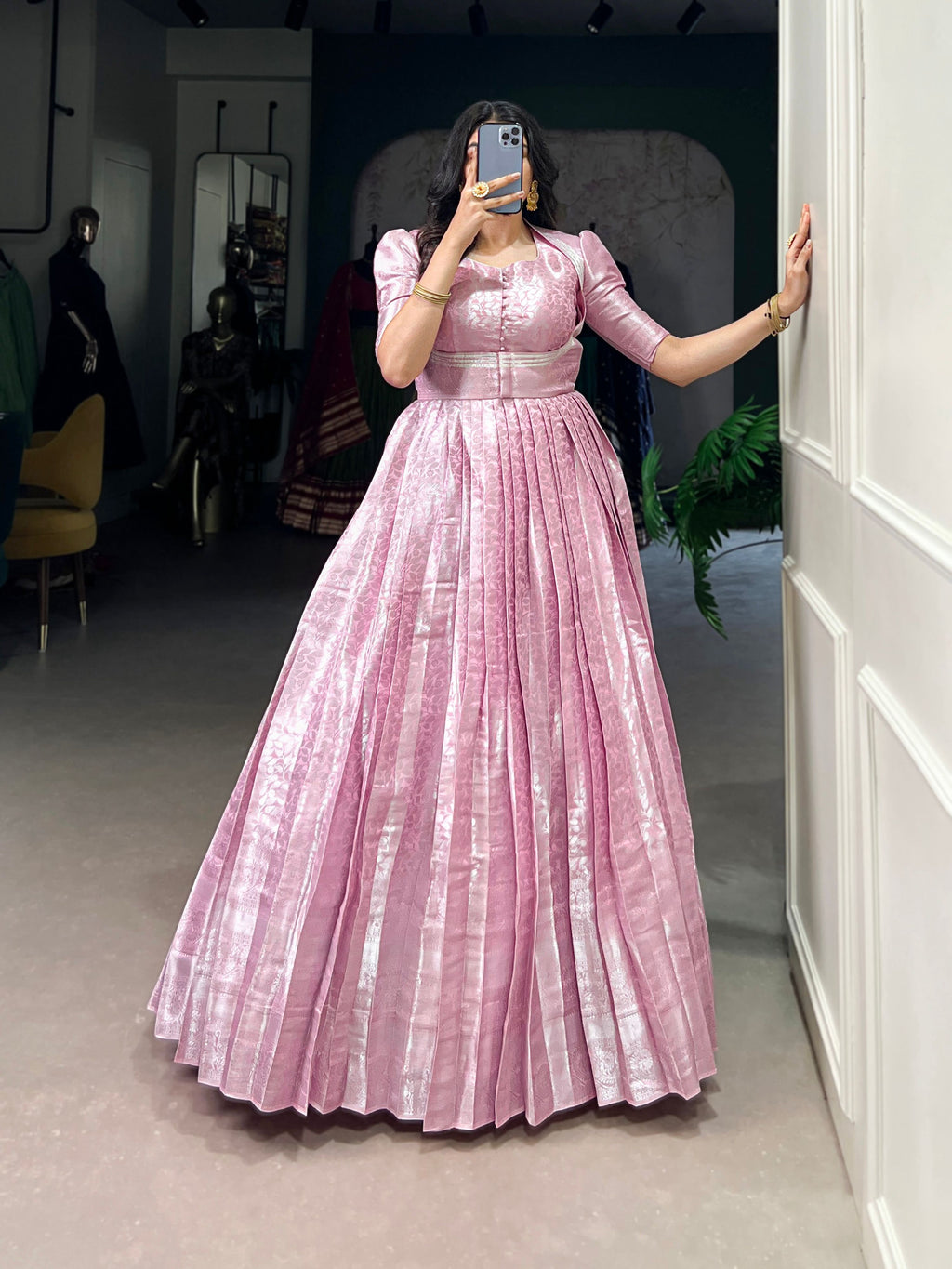 Pink Kanjivaram Gown with Zari Weaving and Lace Touch Up