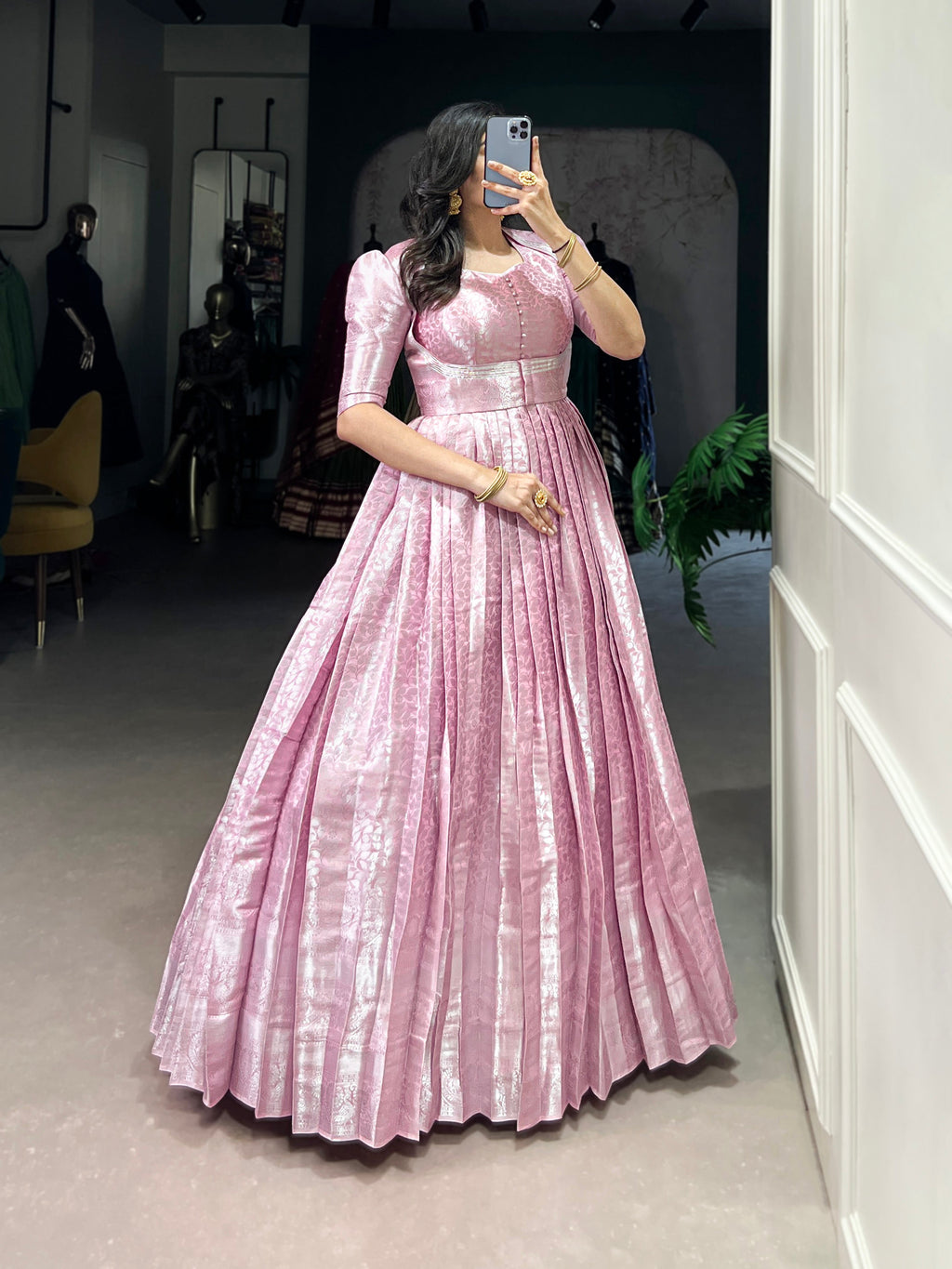 Pink Kanjivaram Gown with Zari Weaving and Lace Touch Up
