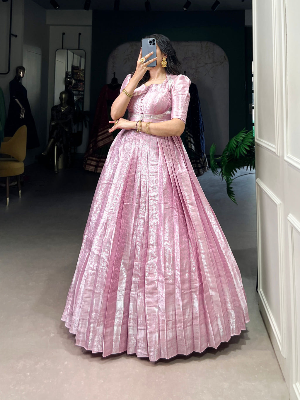 Pink Kanjivaram Gown with Zari Weaving and Lace Touch Up