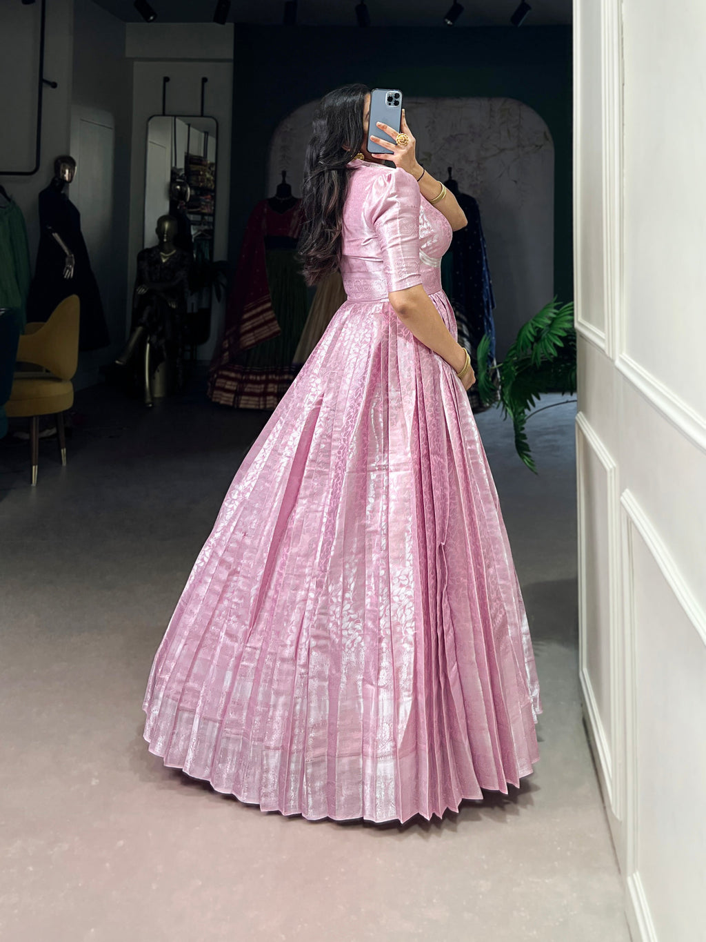 Pink Kanjivaram Gown with Zari Weaving and Lace Touch Up