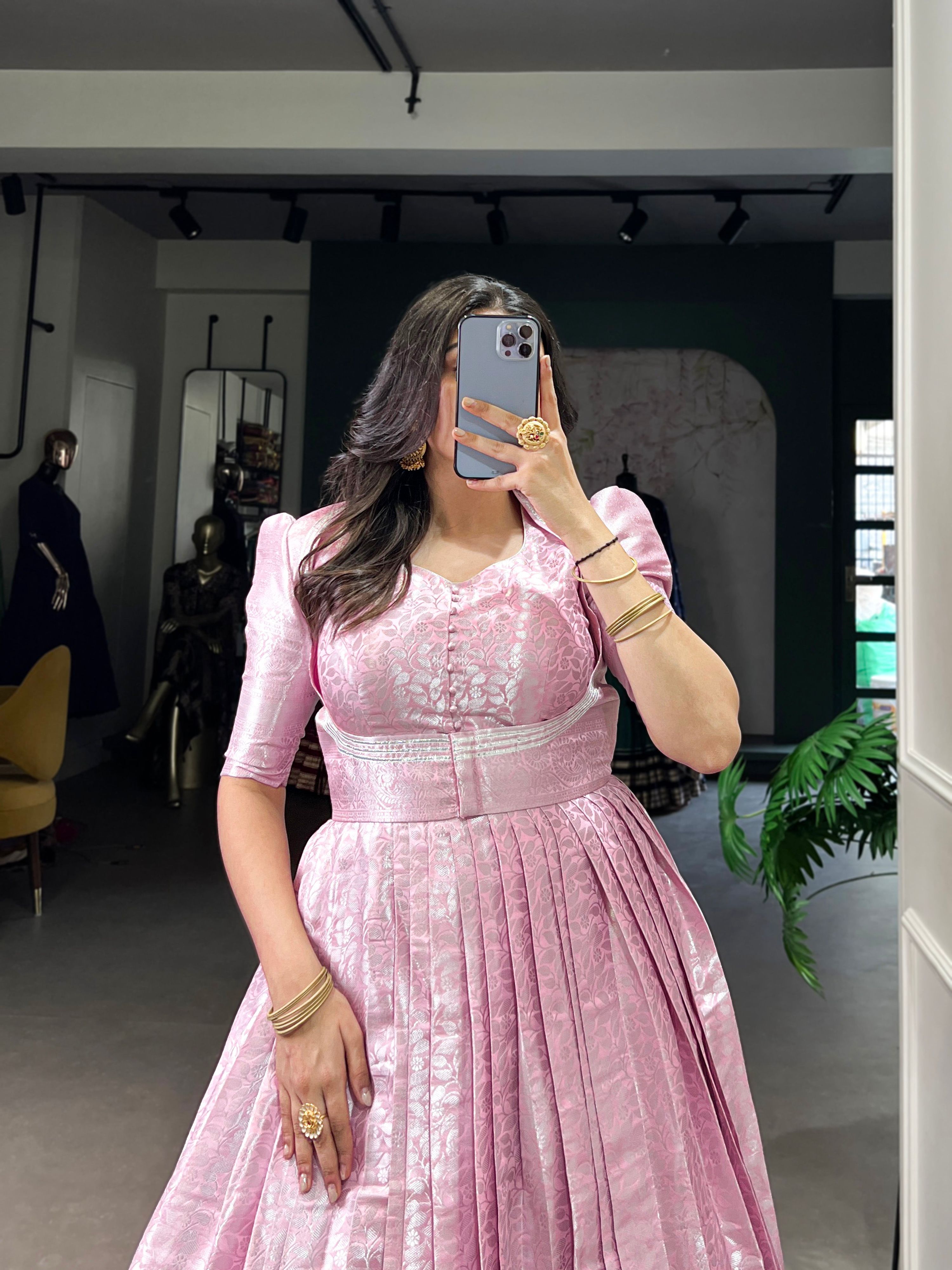 Pink Kanjivaram Gown with Zari Weaving and Lace Touch Up