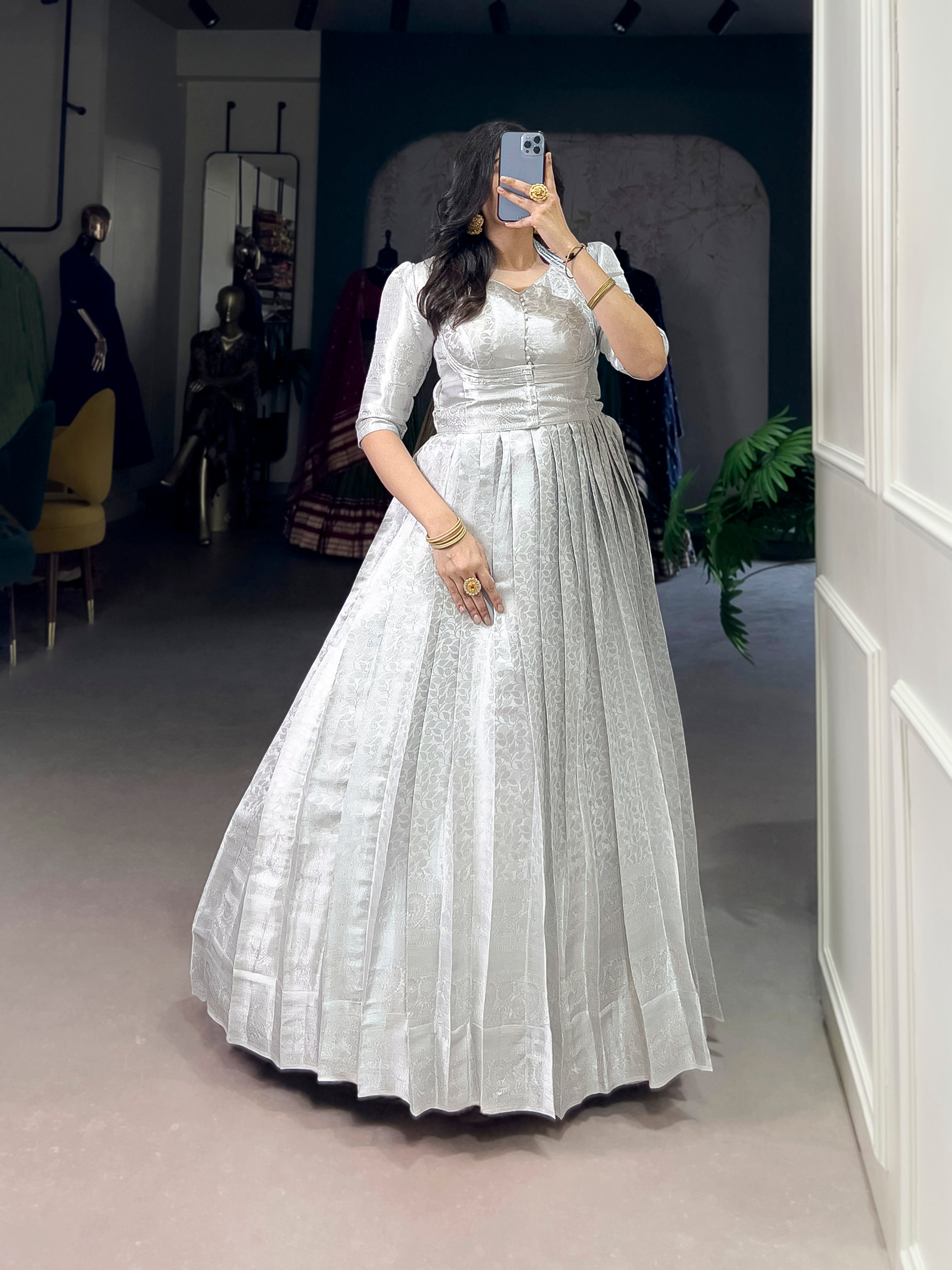 Lorenvalley Fashion Off White Kanjivaram Zari Weaving Work With Lace Touch Up Gown with Koti
