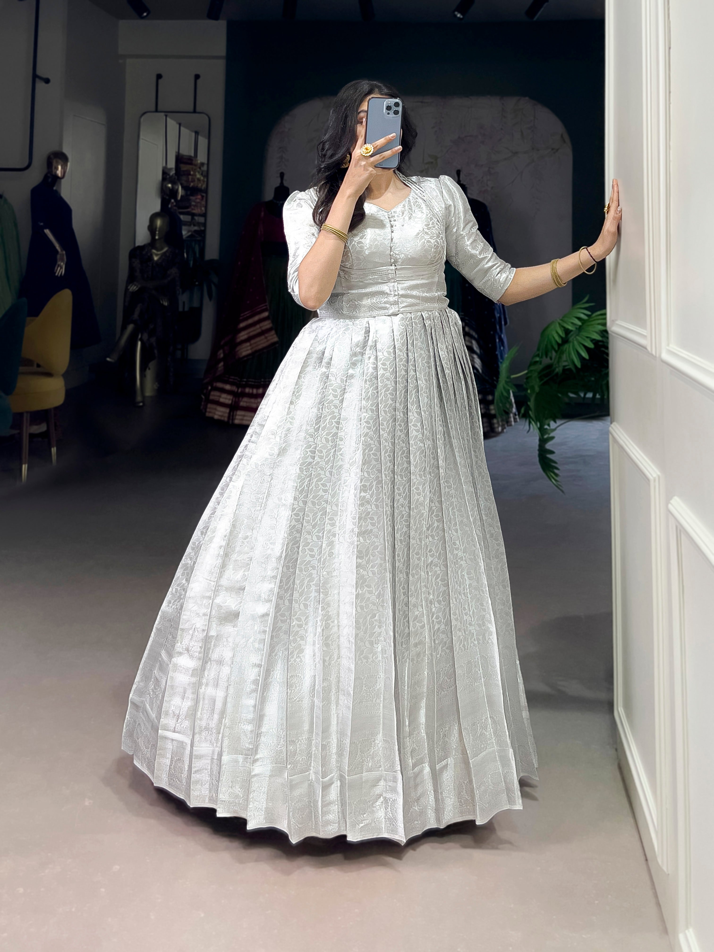 Lorenvalley Fashion Off White Kanjivaram Zari Weaving Work With Lace Touch Up Gown with Koti
