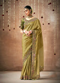 Mehandi colored organza and silk saree with exquisite embroidery details