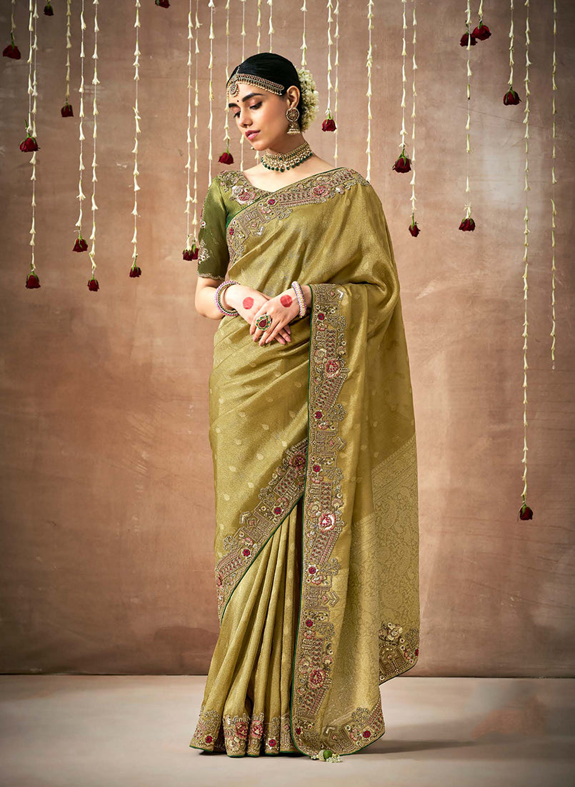Mehandi colored organza and silk saree with exquisite embroidery details