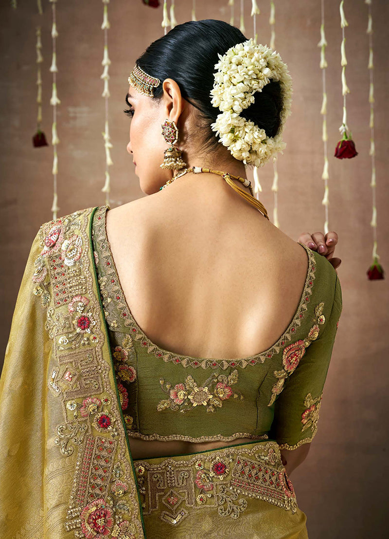 Mehandi Organza Silk Embroidered Contemporary Saree