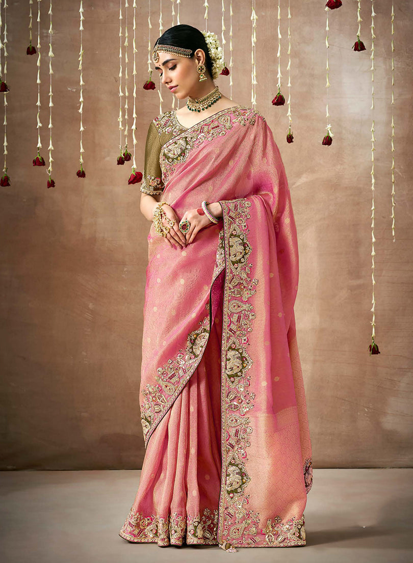 Pink organza silk Bollywood saree with delicate floral embroidery
