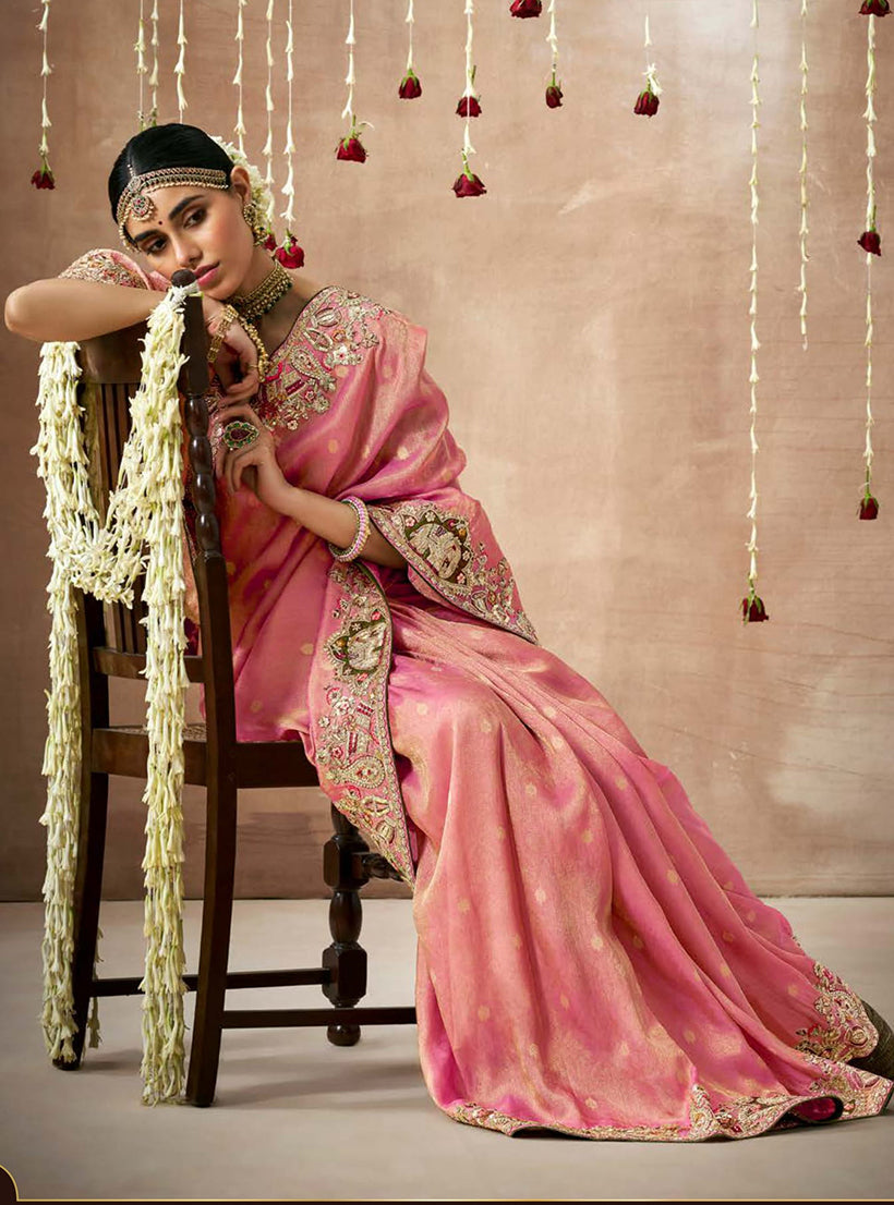 Pink Organza Silk Embroidered Bollywood Saree