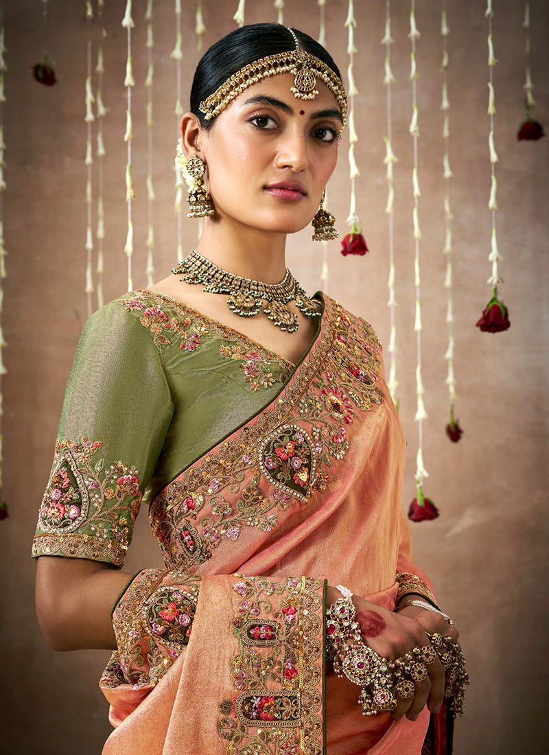 Orange Organza Silk Embroidered Designer Saree