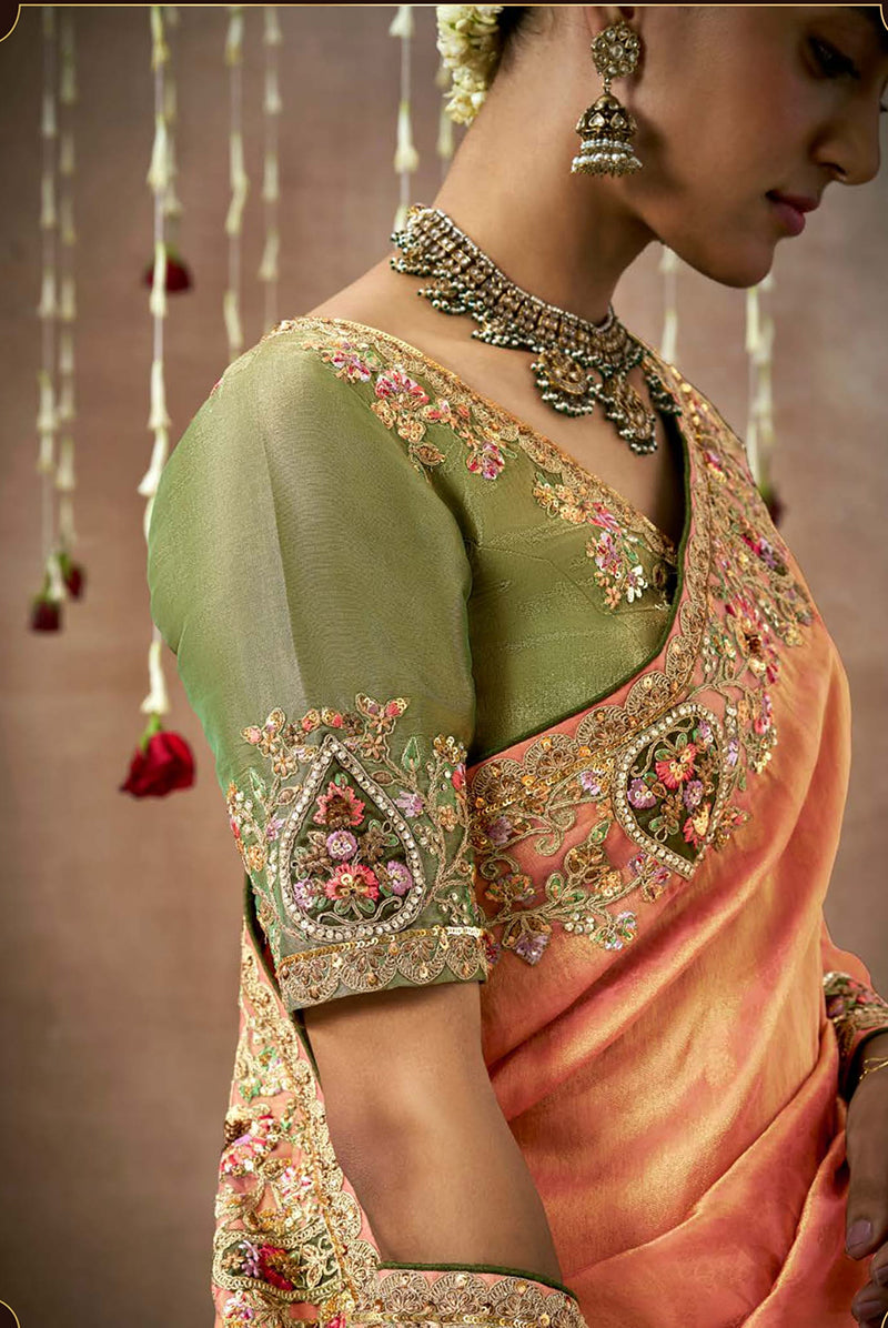 Orange Organza Silk Embroidered Designer Saree
