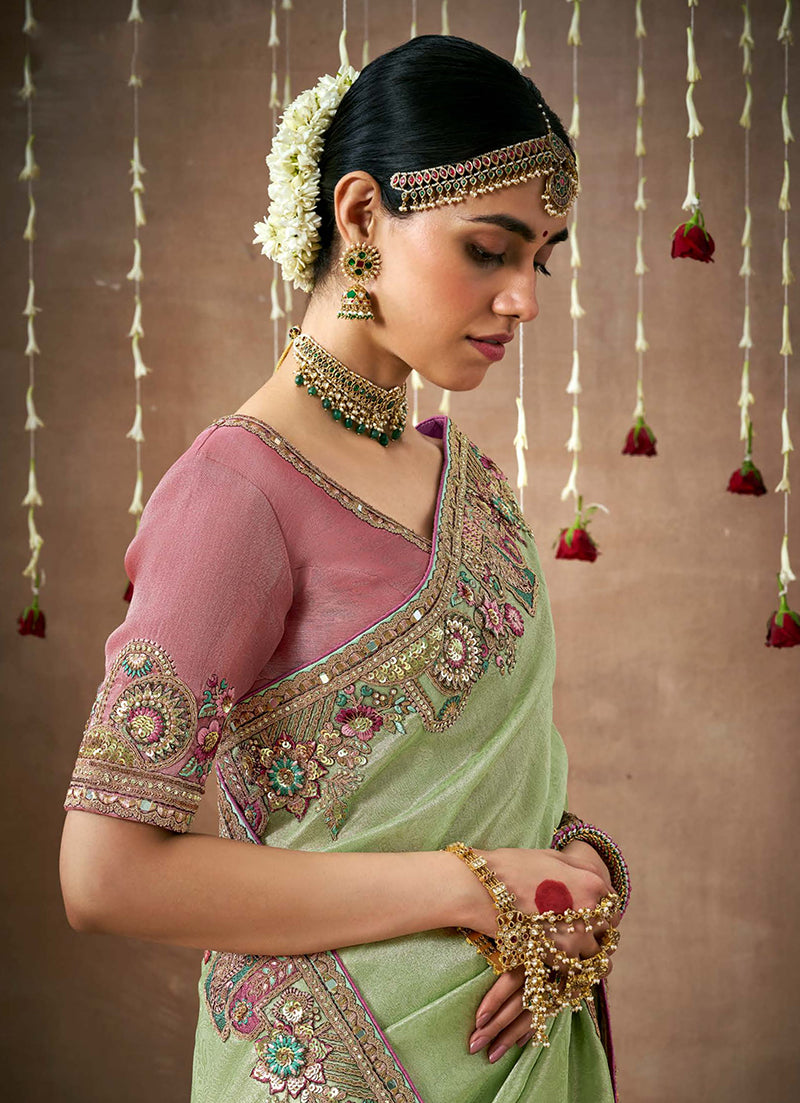 Sea Green Organza Silk Embroidered Saree for Occasions
