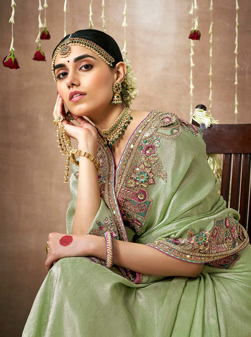 Sea Green Organza Silk Embroidered Saree for Occasions