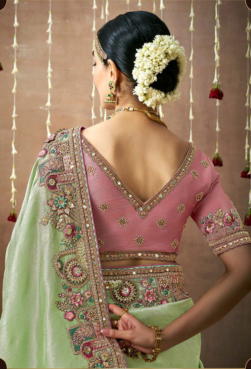 Sea Green Organza Silk Embroidered Saree for Occasions