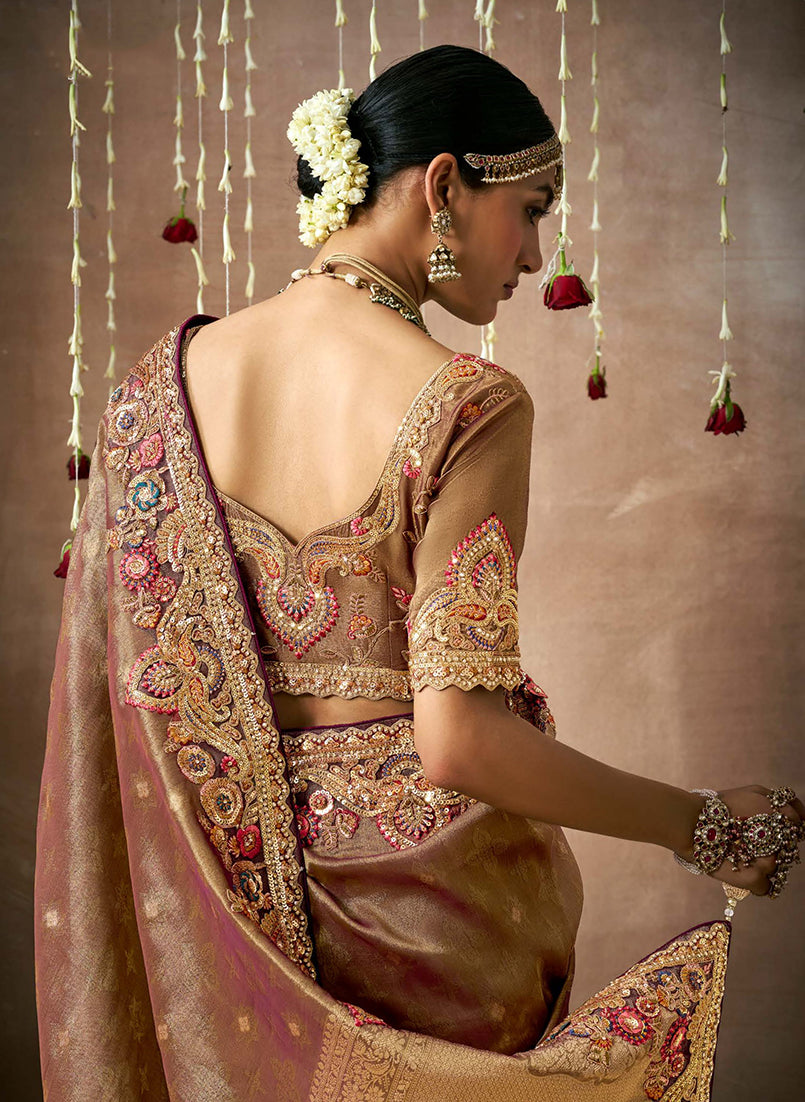 Brown Organza Silk Embroidered Classic Saree