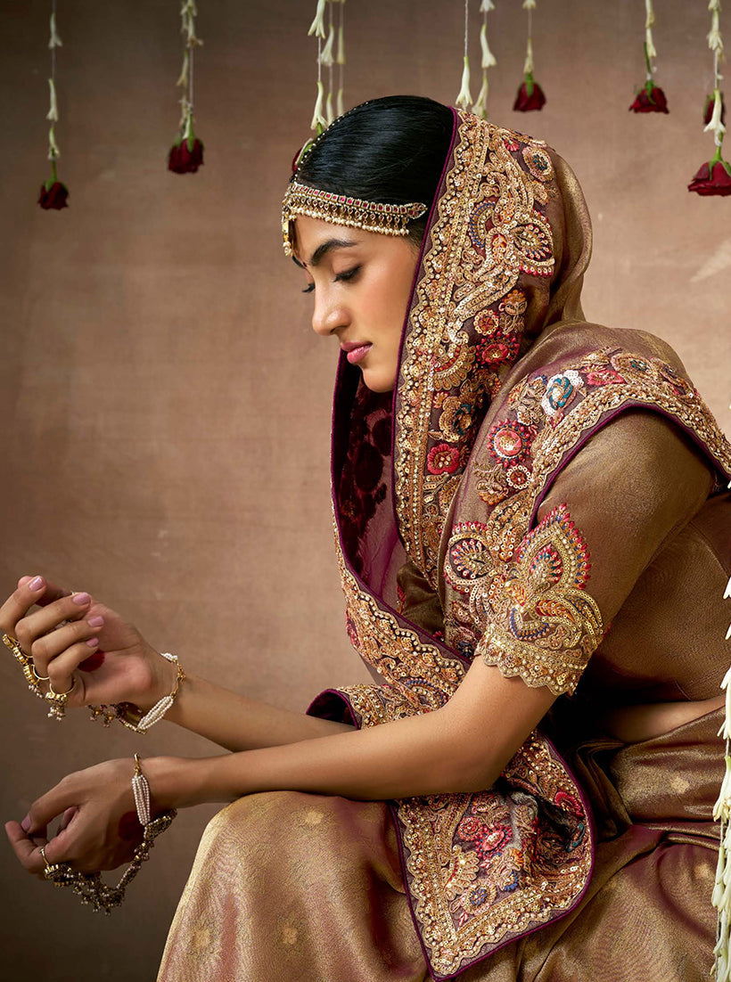 Brown Organza Silk Embroidered Classic Saree