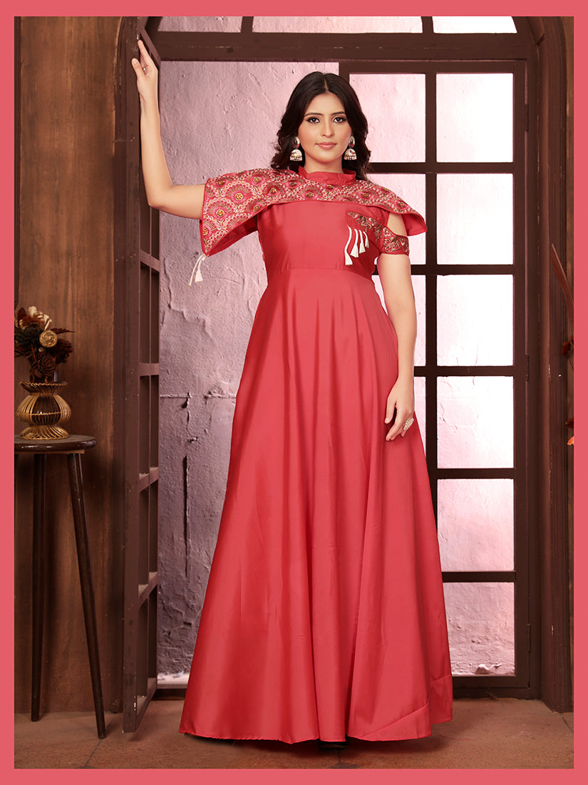 Dark peach Triva silk gown with detailed ethnic embroidery and handwork.