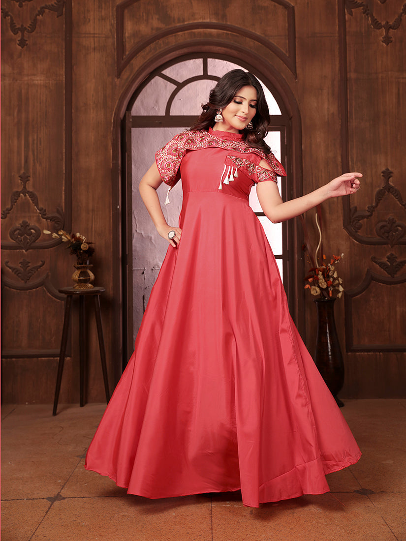 Dark Peach Triva Silk Embroidered Wedding Wear Gown