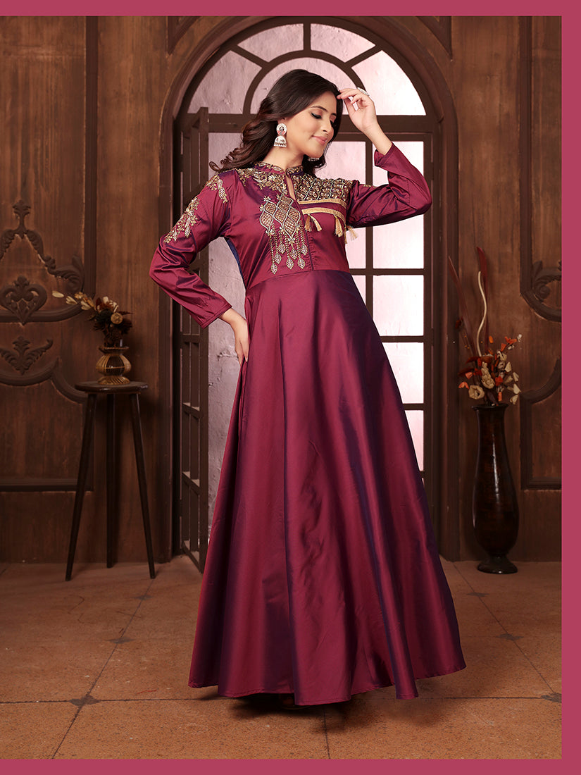 Wine Triva Silk Embroidered Wedding Gown with Handwork Embellishments