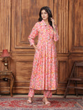 Peach and off-white floral printed premium rayon long kurta with matching pants.