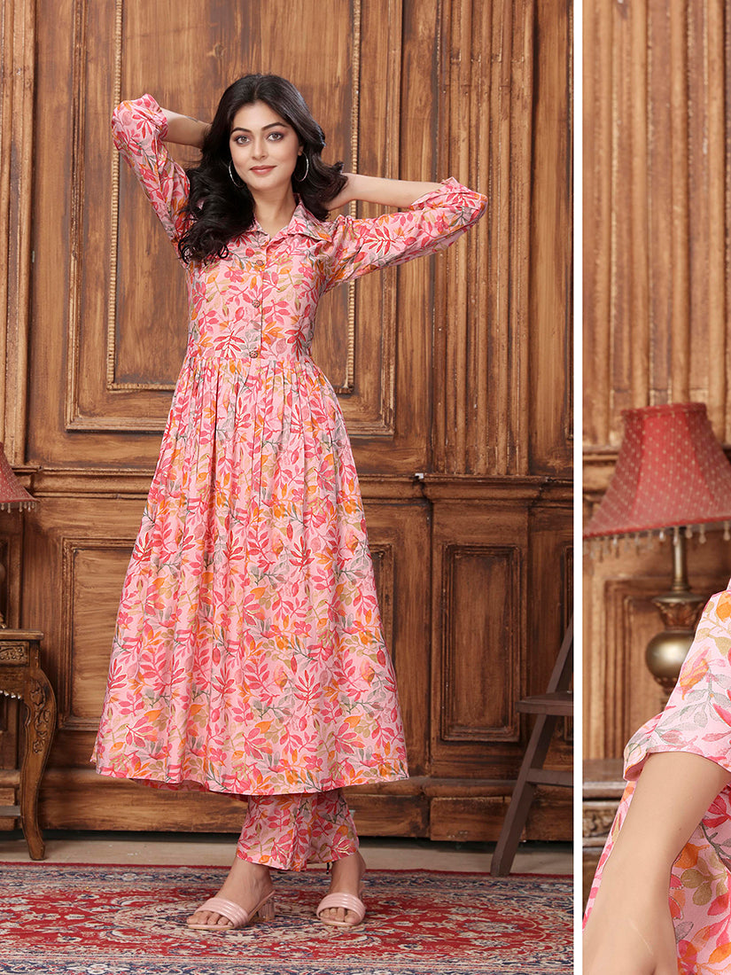 Peach Floral Printed Long Kurta and Pant Set