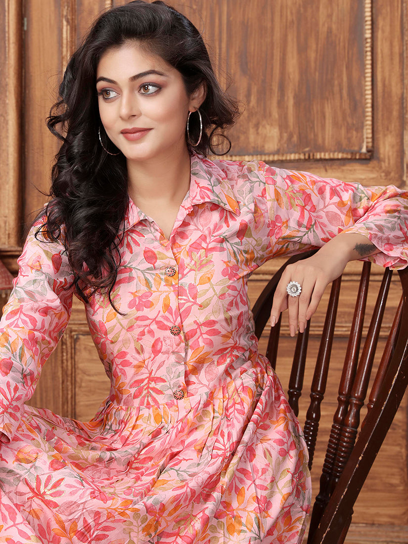 Peach Floral Printed Long Kurta and Pant Set