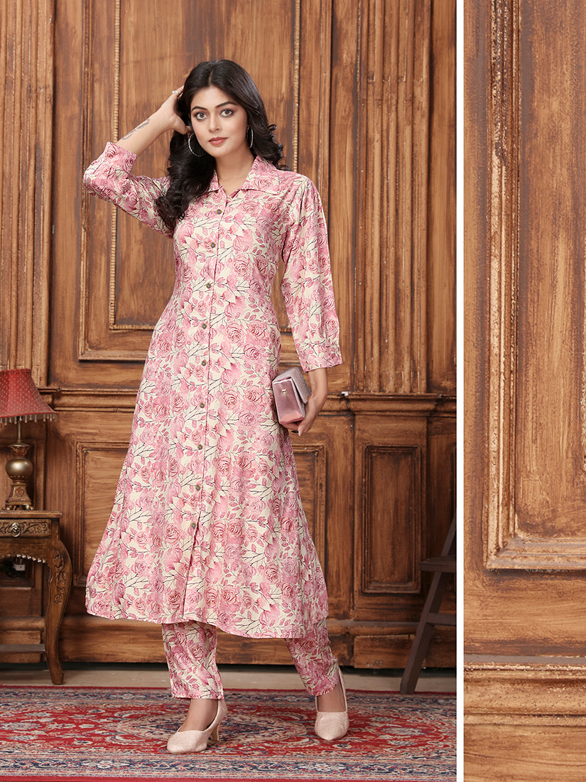 Light Pink Floral Printed Rayon Long Kurta and Pant Set