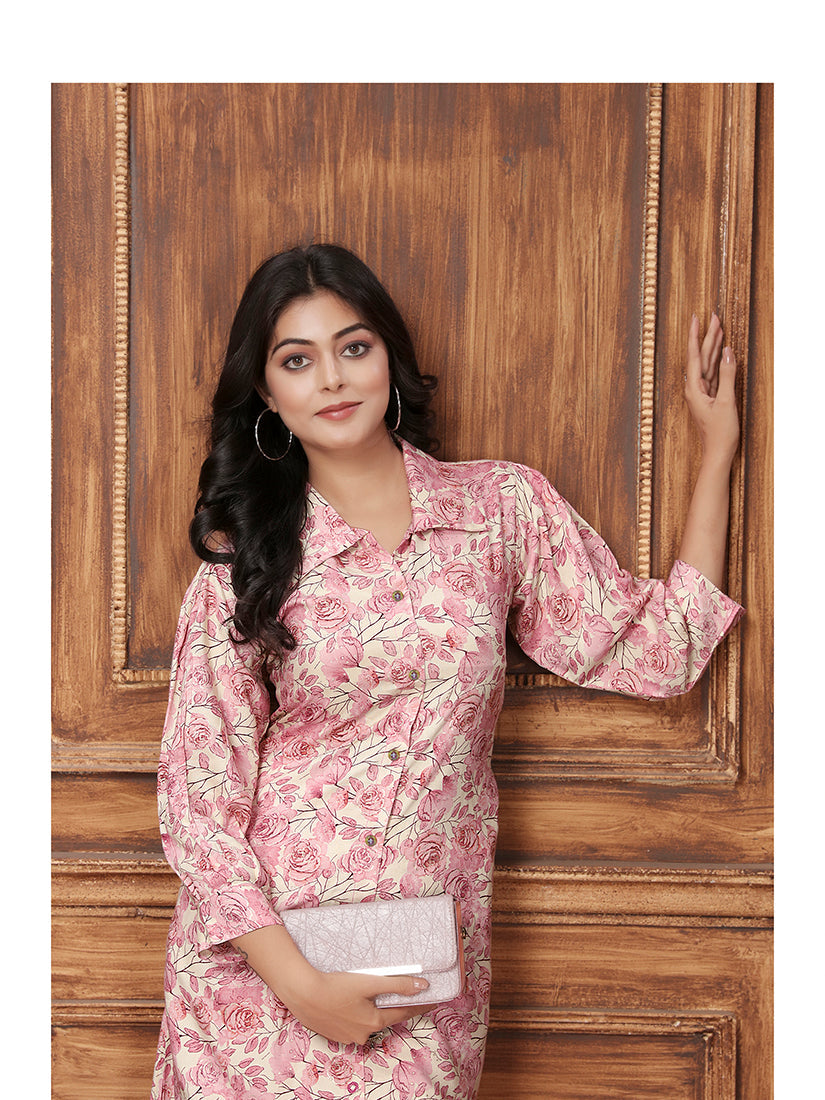 Light Pink Floral Printed Rayon Long Kurta and Pant Set