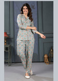 Light grey rayon co-ord set with ethnic print detailing for casual wear