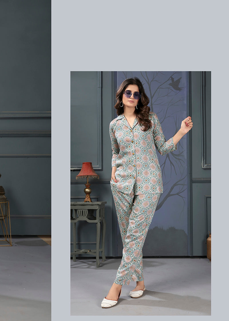 Light Grey Rayon Printed Co-Ord Set for Casual Ethnic Wear