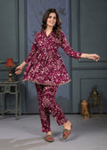 Wine-colored printed rayon co-ord set for women.