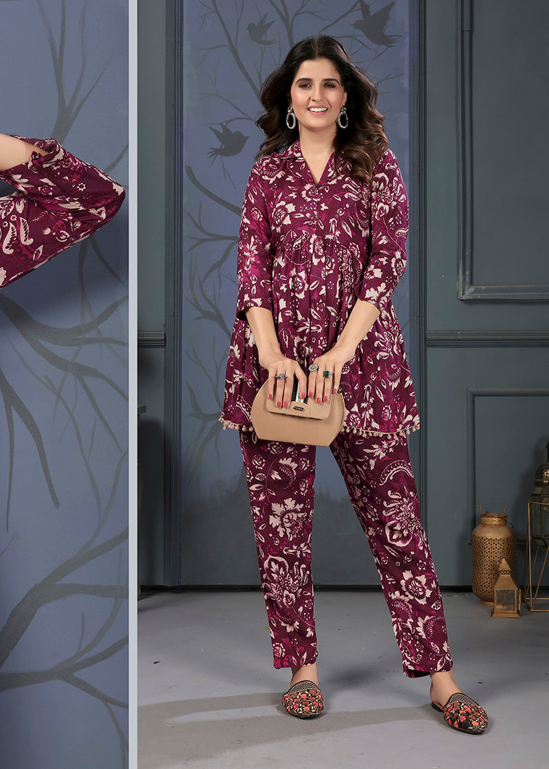 Wine Rayon Printed Casual Wear Co Ord Set