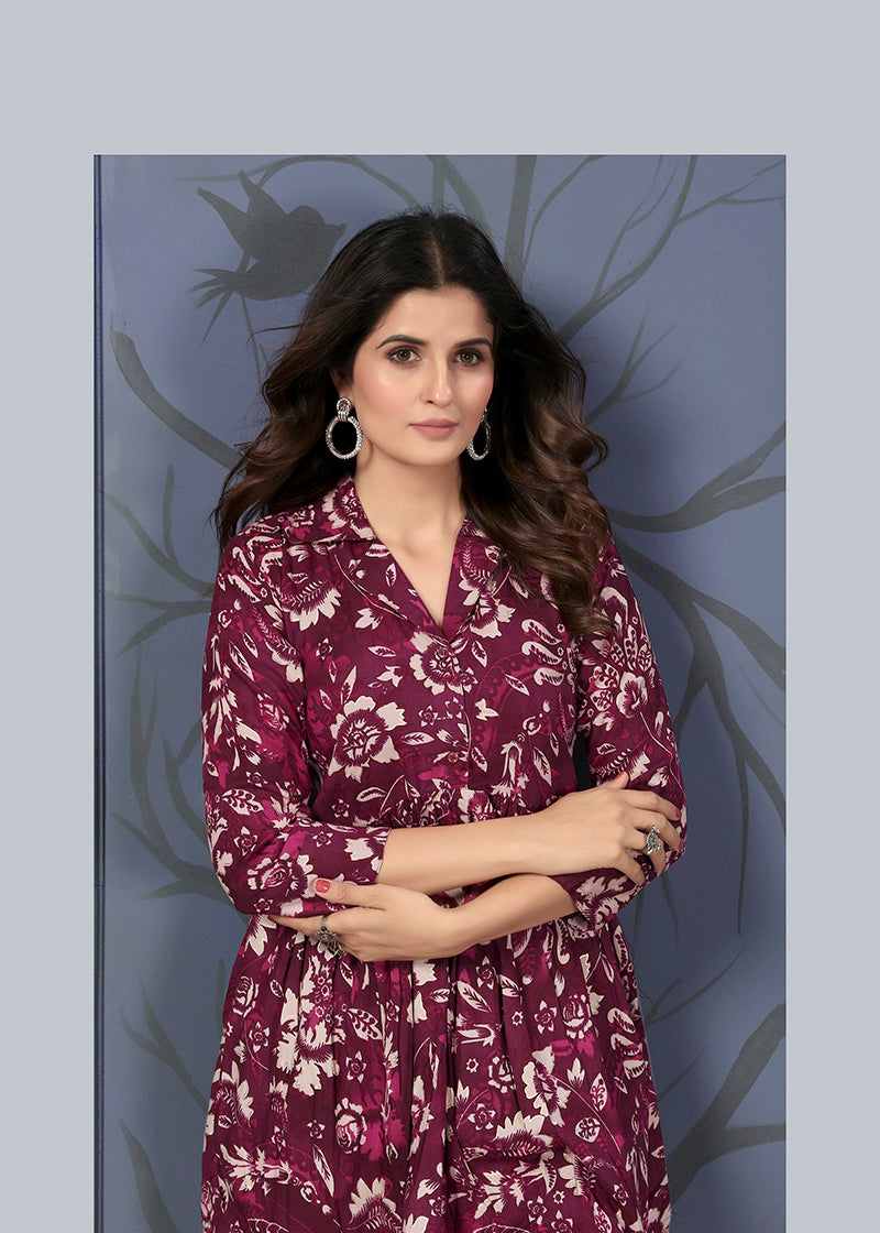 Wine Rayon Printed Casual Wear Co Ord Set